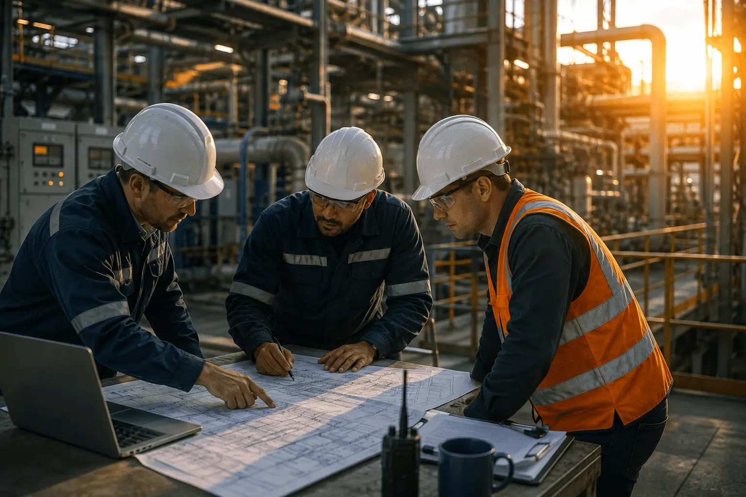 Engineers reviewing technical drawings at an industrial site